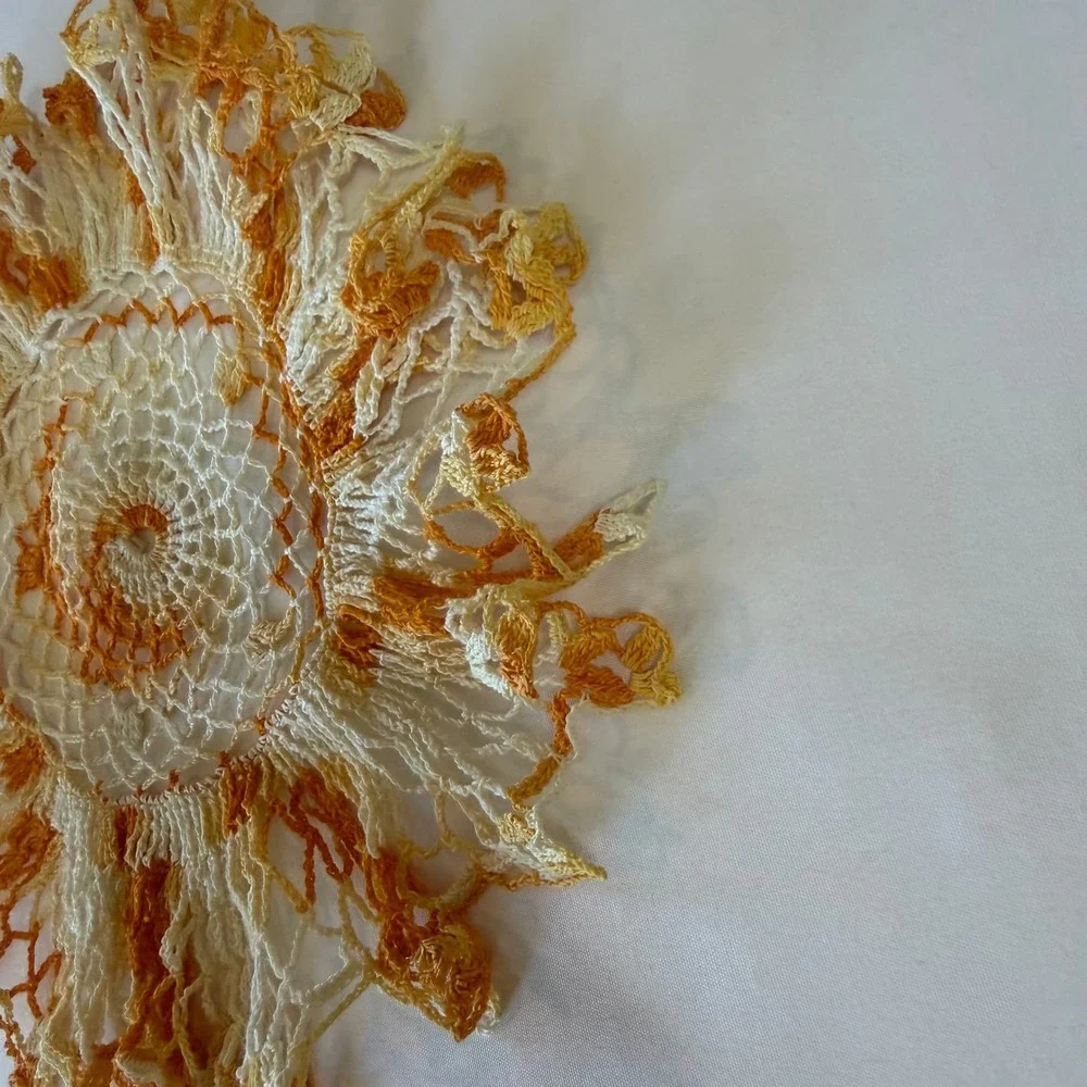 Vintage Crochet Ruffle Doily Orange Yellow Variegated Fall Decor Lace 9